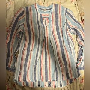 LL Bean Premium Washable Linen Striped Split Neck Tunic Women S Blue Red White